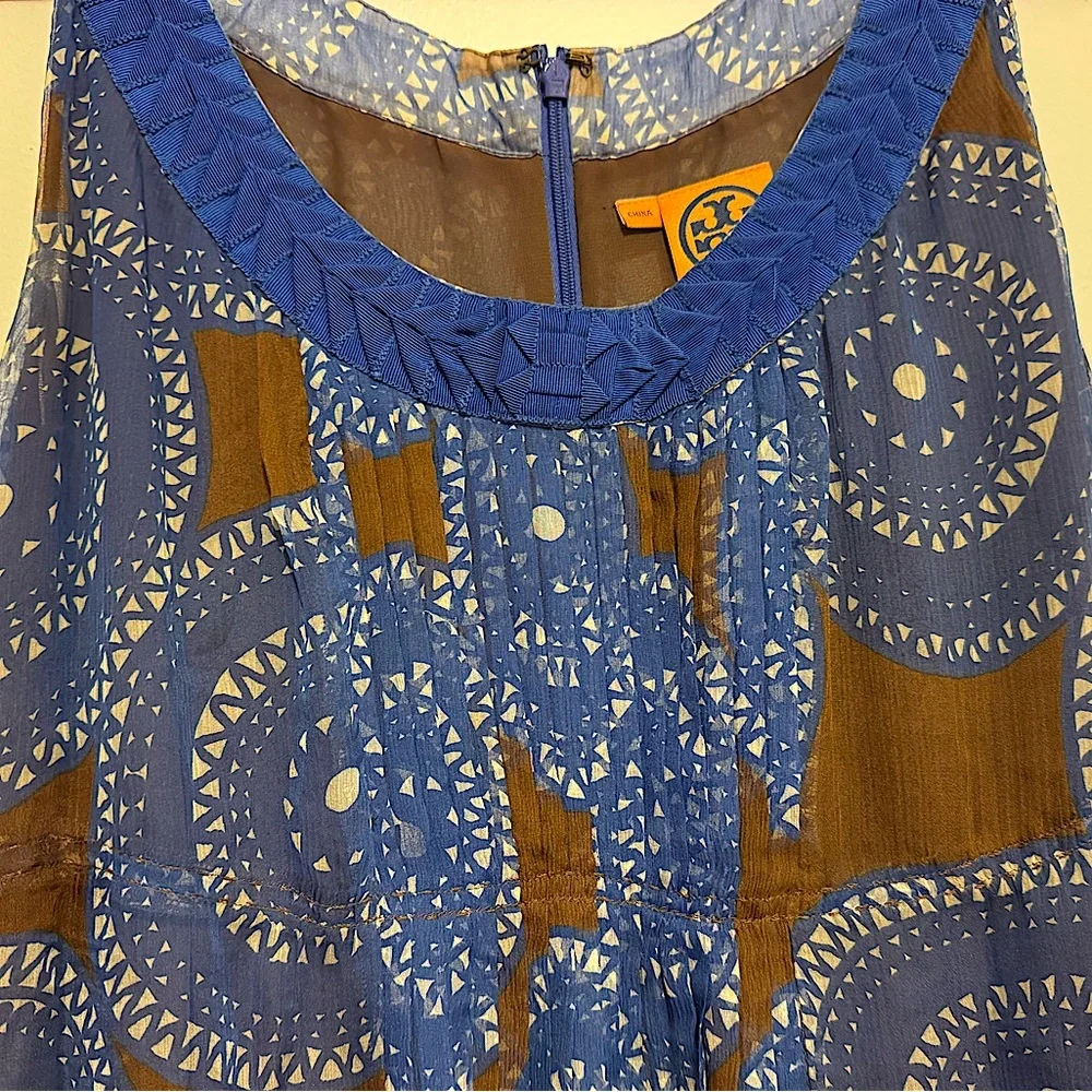 Tory Burch Silk Blue Brown Florisa Sleeveless Dress Geometric Circle Print Sz 12